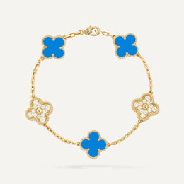 Clover 5 Motifs Two Tone Blue Agate And Diamond Bracelet