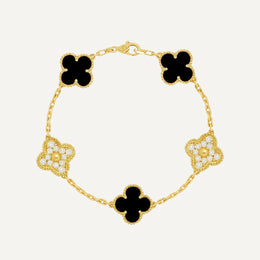 Clover 5 Motifs Two Tone Onyx Diamond Bracelet