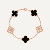 Clover 5 Motifs Two Tone Onyx Diamond Bracelet