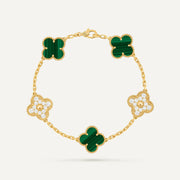 Clover 5 Motifs Two Tone Malachite Diamond Bracelet