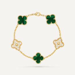 Clover 5 Motifs Two Tone Malachite Diamond Bracelet